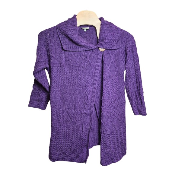 Carraig‎ Donn Women's L Purple Merino Wool Cable Knit Cardigan Sweater Ireland - Picture 2 of 7